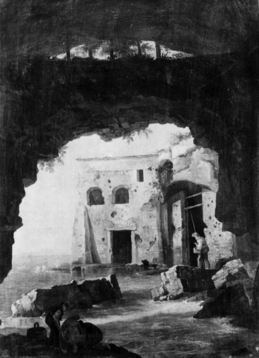 Veduta esterna di casa di pescatori con grotta e marina - Palazzo Reale, Napoli